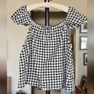 J. Crew Black and White Gingham Off-Shoulder Frock Blouse